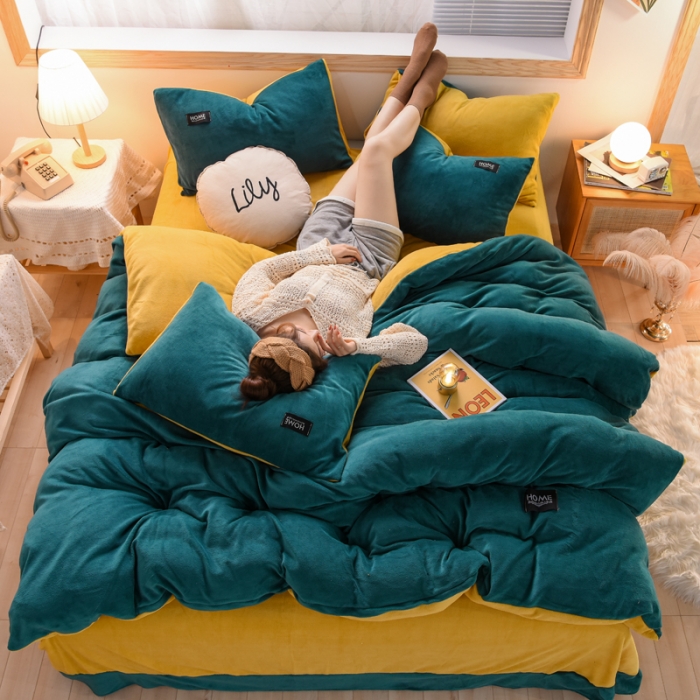 91家纺网 家纺一手货源 找家纺 唐人居 2025新款牛奶绒双拼贴布绣四件套 格调-绿