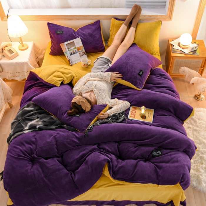 91家纺网 家纺一手货源 找家纺 唐人居 2025新款牛奶绒双拼贴布绣四件套 格调-紫