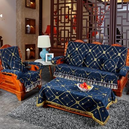 欧夏家纺 2020新款花型加厚雪尼尔沙发套实木沙发垫网格深蓝