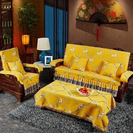 欧夏家纺2020新款花型加厚雪尼尔沙发套实木沙发垫奔腾马黄色