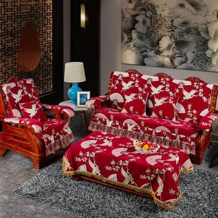 欧夏家纺2020款花型加厚雪尼尔沙发套实木沙发垫飞鹤起舞大红