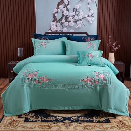 牛奶绒宝宝水晶法兰莱绒冰岛绒中式刺绣四件套倾慕-湖绿