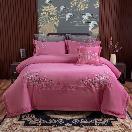 91家纺网 家纺一手货源 找家纺 牛奶绒宝宝水晶绒兰法莱冰岛绒中式刺绣四件套倾慕-豆沙