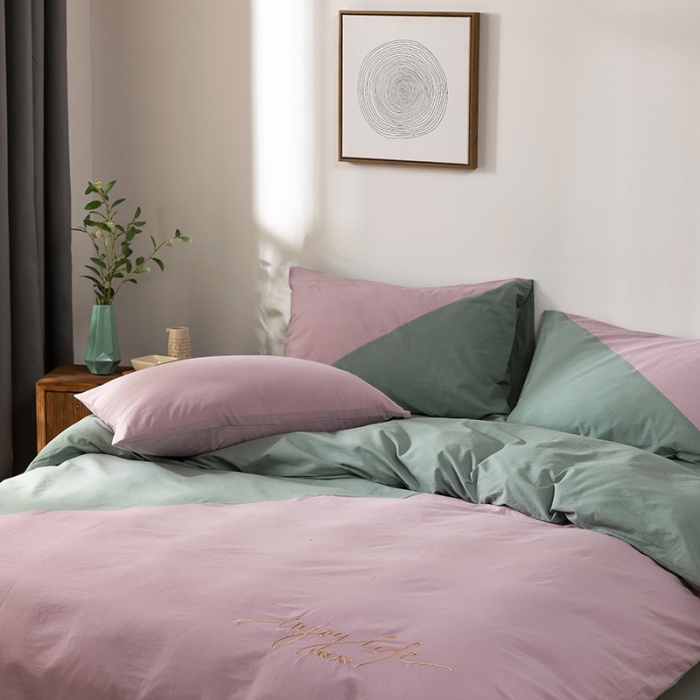 91家纺网 家纺一手货源 找家纺 朗莎家纺 2020新款水洗棉四件套 淡天蓝&雪青