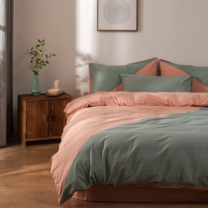 91家纺网 家纺一手货源 找家纺 朗莎家纺 2020新款水洗棉四件套 豆绿&amp;浅玉