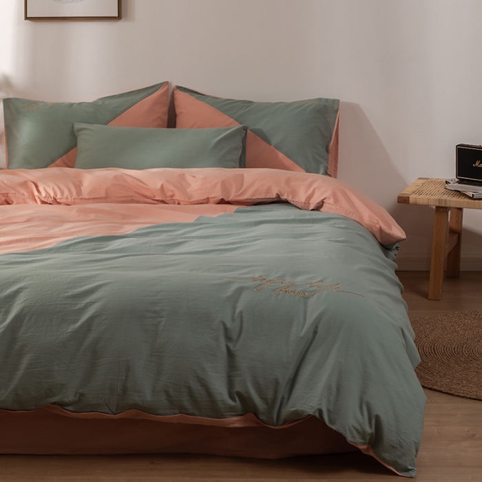 91家纺网 家纺一手货源 找家纺 朗莎家纺 2020新款水洗棉四件套 豆绿&amp;浅玉