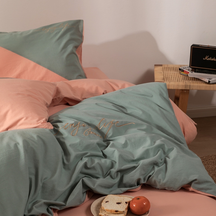 91家纺网 家纺一手货源 找家纺 朗莎家纺 2020新款水洗棉四件套 豆绿&amp;浅玉