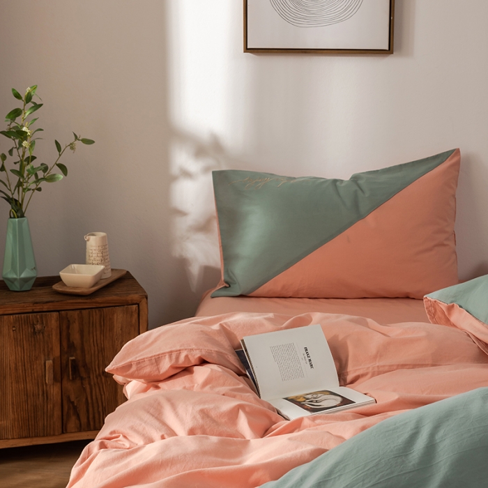 91家纺网 家纺一手货源 找家纺 朗莎家纺 2020新款水洗棉四件套 豆绿&amp;浅玉