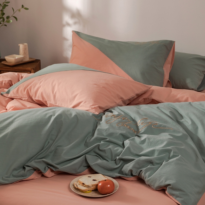 91家纺网 家纺一手货源 找家纺 朗莎家纺 2020新款水洗棉四件套 豆绿&amp;浅玉