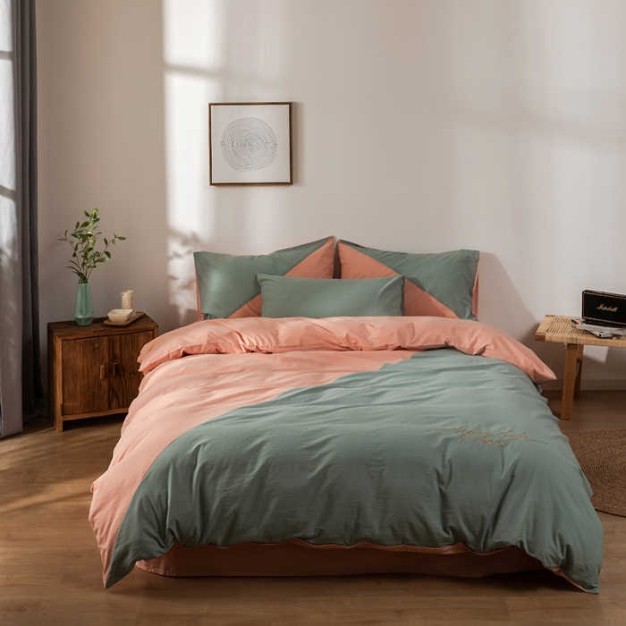 91家纺网 家纺一手货源 找家纺 朗莎家纺 2020新款水洗棉四件套 豆绿&amp;浅玉