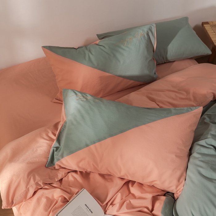 91家纺网 家纺一手货源 找家纺 朗莎家纺 2020新款水洗棉四件套 豆绿&amp;浅玉