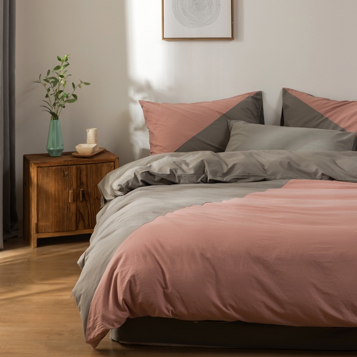 91家纺网 家纺一手货源 找家纺 朗莎家纺 2020新款水洗棉四件套 豆沙&amp;银灰