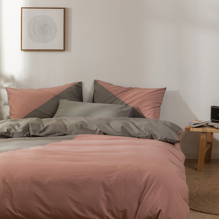 91家纺网 家纺一手货源 找家纺 朗莎家纺 2020新款水洗棉四件套 豆沙&amp;银灰