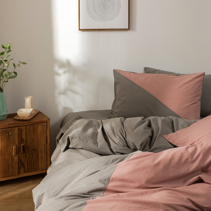 91家纺网 家纺一手货源 找家纺 朗莎家纺 2020新款水洗棉四件套 豆沙&amp;银灰