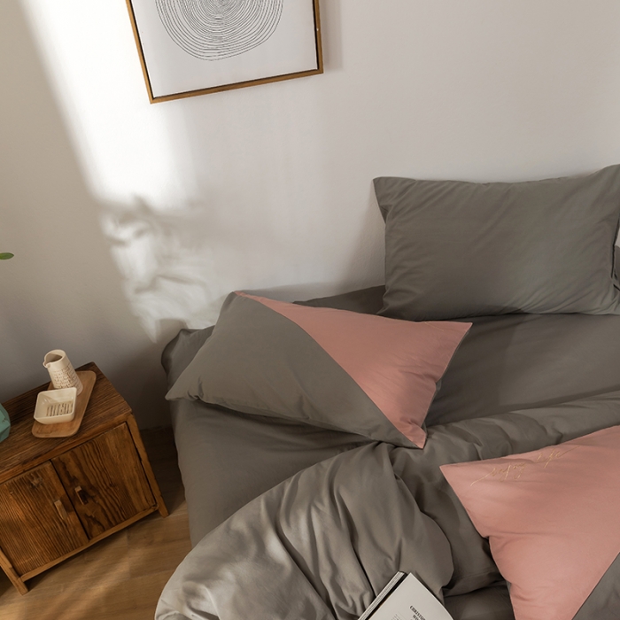 91家纺网 家纺一手货源 找家纺 朗莎家纺 2020新款水洗棉四件套 豆沙&amp;银灰