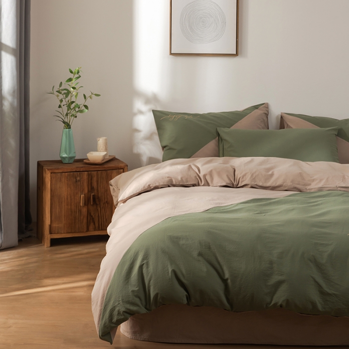 91家纺网 家纺一手货源 找家纺 朗莎家纺 2020新款水洗棉四件套 果绿&amp;卡其