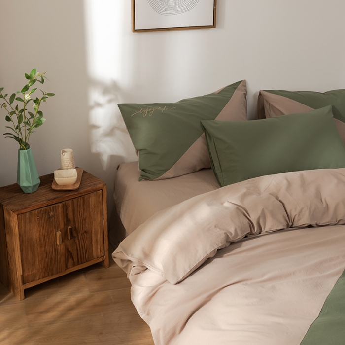 91家纺网 家纺一手货源 找家纺 朗莎家纺 2020新款水洗棉四件套 果绿&amp;卡其