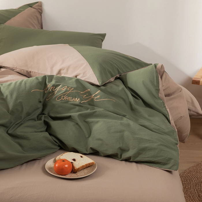 91家纺网 家纺一手货源 找家纺 朗莎家纺 2020新款水洗棉四件套 果绿&amp;卡其