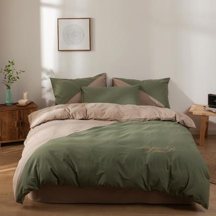 朗莎家纺 2020新款水洗棉四件套 果绿&amp;卡其