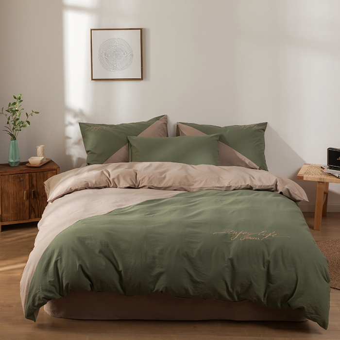 91家纺网 家纺一手货源 找家纺 朗莎家纺 2020新款水洗棉四件套 果绿&amp;卡其