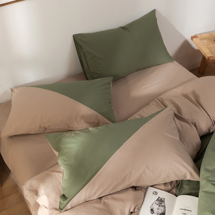 91家纺网 家纺一手货源 找家纺 朗莎家纺 2020新款水洗棉四件套 果绿&amp;卡其