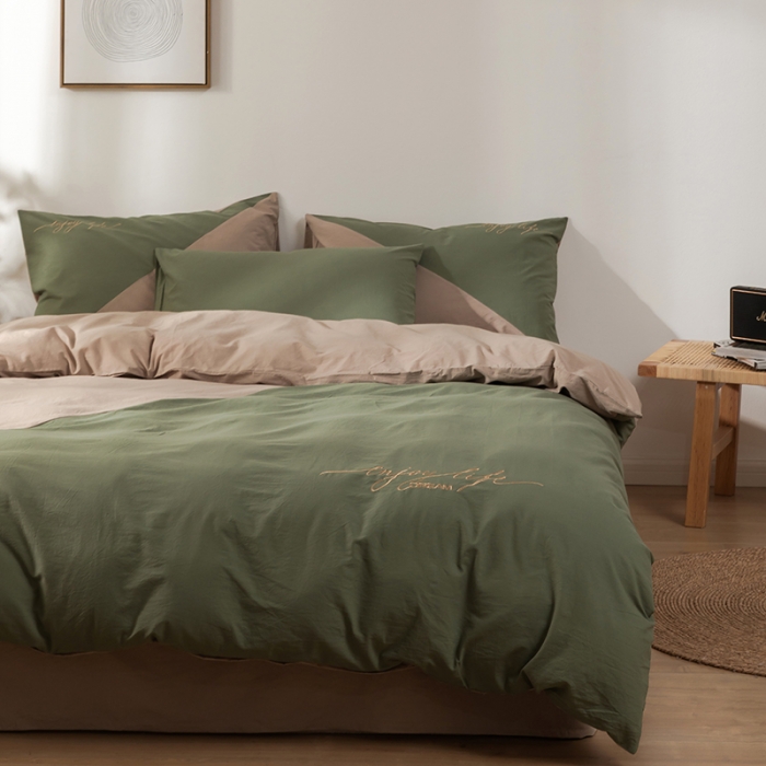 91家纺网 家纺一手货源 找家纺 朗莎家纺 2020新款水洗棉四件套 果绿&amp;卡其