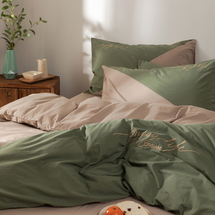 91家纺网 家纺一手货源 找家纺 朗莎家纺 2020新款水洗棉四件套 果绿&amp;卡其