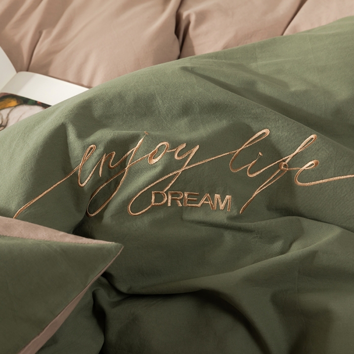 91家纺网 家纺一手货源 找家纺 朗莎家纺 2020新款水洗棉四件套 果绿&amp;卡其