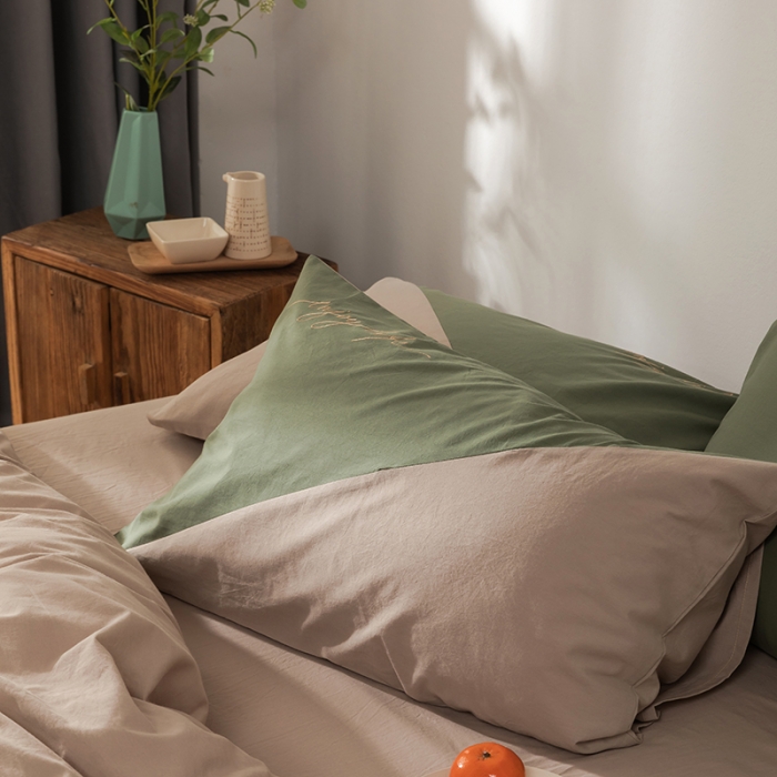 91家纺网 家纺一手货源 找家纺 朗莎家纺 2020新款水洗棉四件套 果绿&amp;卡其