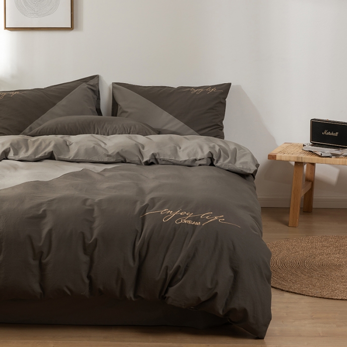 91家纺网 家纺一手货源 找家纺 朗莎家纺 2020新款水洗棉四件套 深灰&amp;浅灰