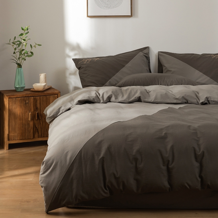 91家纺网 家纺一手货源 找家纺 朗莎家纺 2020新款水洗棉四件套 深灰&amp;浅灰