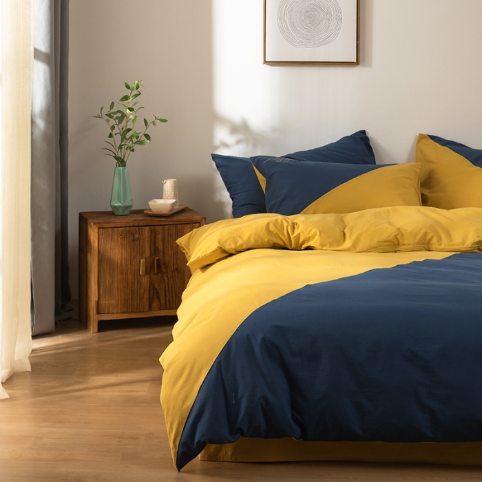 91家纺网 家纺一手货源 找家纺 朗莎家纺 2020新款水洗棉四件套 杏黄&amp;宝蓝