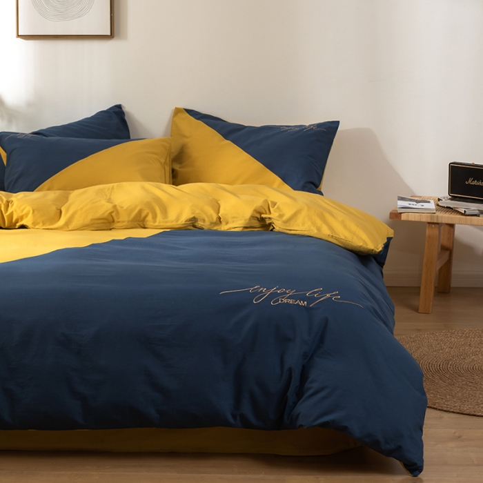 91家纺网 家纺一手货源 找家纺 朗莎家纺 2020新款水洗棉四件套 杏黄&amp;宝蓝