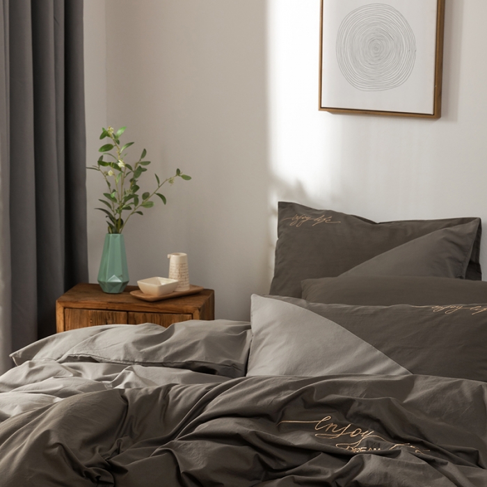 91家纺网 家纺一手货源 找家纺 朗莎家纺 2020新款水洗棉四件套 深灰&amp;浅灰