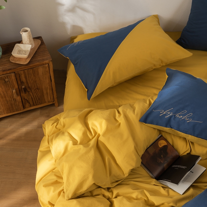 91家纺网 家纺一手货源 找家纺 朗莎家纺 2020新款水洗棉四件套 杏黄&amp;宝蓝