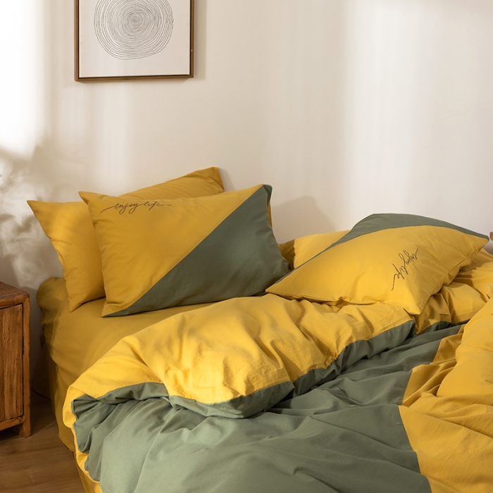 91家纺网 家纺一手货源 找家纺 朗莎家纺 2020新款水洗棉四件套 杏黄&amp;果绿