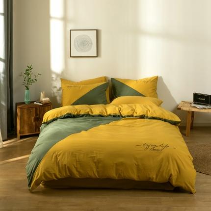 朗莎家纺 2020新款水洗棉四件套 杏黄&amp;果绿