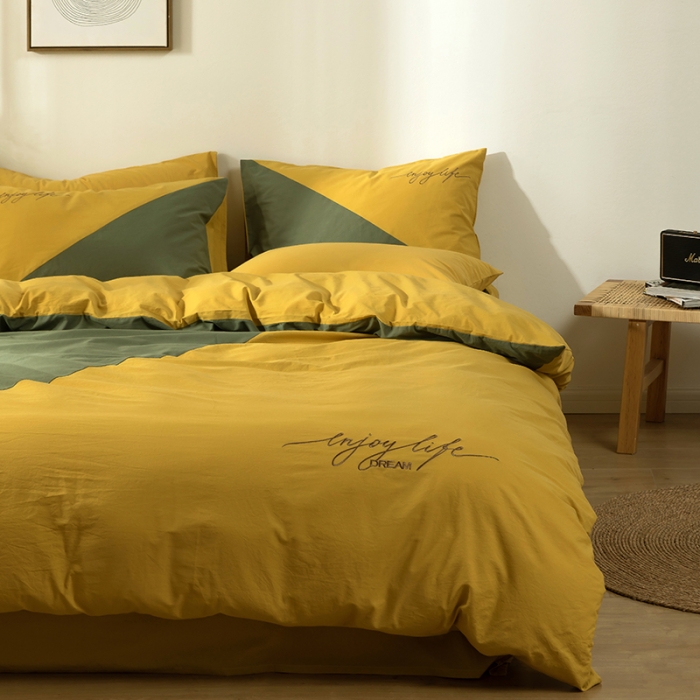 91家纺网 家纺一手货源 找家纺 朗莎家纺 2020新款水洗棉四件套 杏黄&amp;果绿