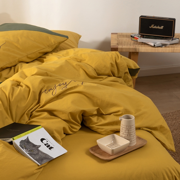 91家纺网 家纺一手货源 找家纺 朗莎家纺 2020新款水洗棉四件套 杏黄&amp;果绿