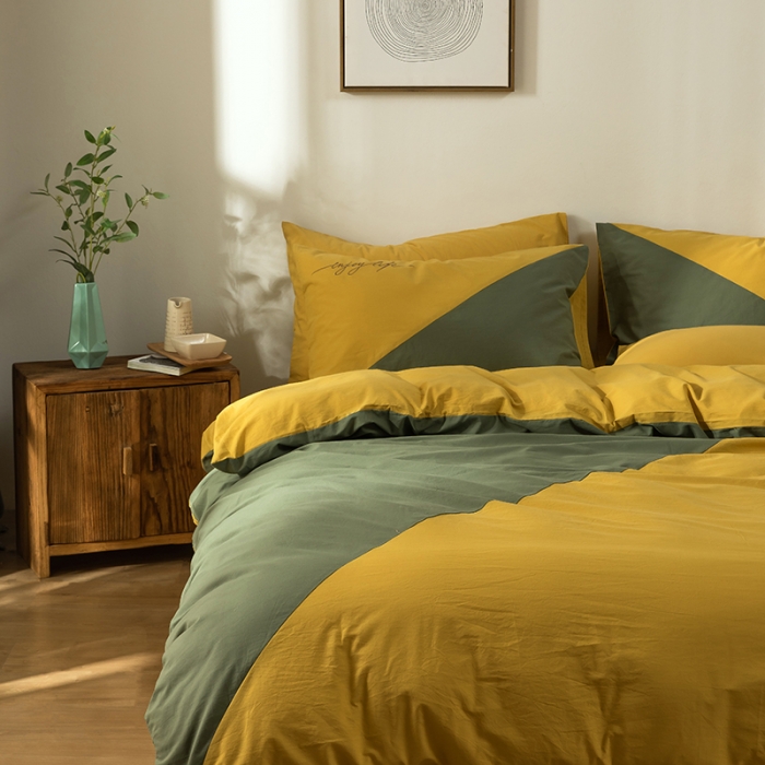 91家纺网 家纺一手货源 找家纺 朗莎家纺 2020新款水洗棉四件套 杏黄&amp;果绿