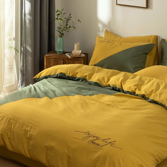 91家纺网 家纺一手货源 找家纺 朗莎家纺 2020新款水洗棉四件套 杏黄&amp;果绿