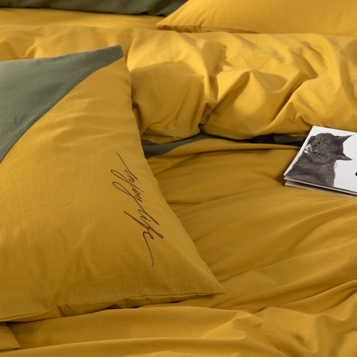 91家纺网 家纺一手货源 找家纺 朗莎家纺 2020新款水洗棉四件套 杏黄&amp;果绿