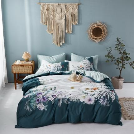 91家纺网 家纺一手货源 找家纺 优然居2020新款60S长绒棉数码印花镶边款四件套 艾德琳绿