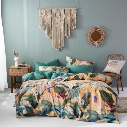 91家纺网 家纺一手货源 找家纺 优然居2020新款60S长绒棉数码印花镶边款四件套 奥若拉黄