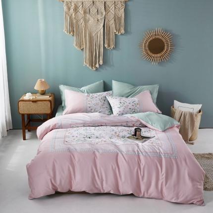 91家纺网 家纺一手货源 找家纺 优然居2020新款60S长绒棉数码印花镶边款四件套 欧若拉粉