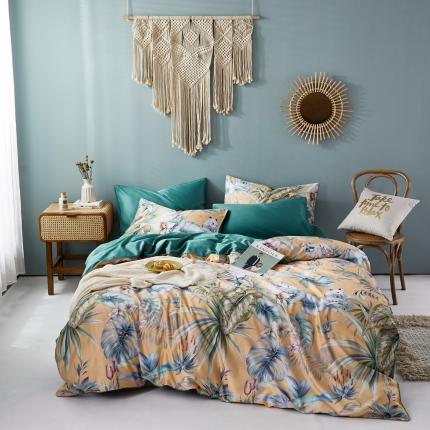 91家纺网 家纺一手货源 找家纺 优然居2020新款60S长绒棉数码印花镶边款四件套 温妮莎黄