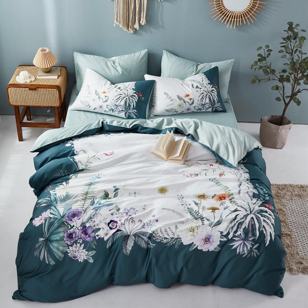 91家纺网 家纺一手货源 找家纺 优然居2020新款60S长绒棉数码印花镶边款四件套 艾德琳绿