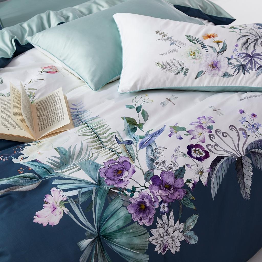 91家纺网 家纺一手货源 找家纺 优然居2020新款60S长绒棉数码印花镶边款四件套 艾德琳绿