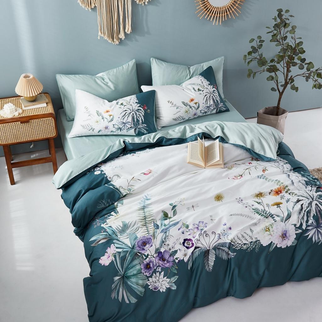 91家纺网 家纺一手货源 找家纺 优然居2020新款60S长绒棉数码印花镶边款四件套 艾德琳绿