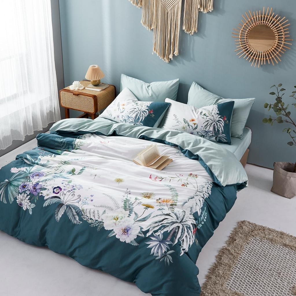 91家纺网 家纺一手货源 找家纺 优然居2020新款60S长绒棉数码印花镶边款四件套 艾德琳绿